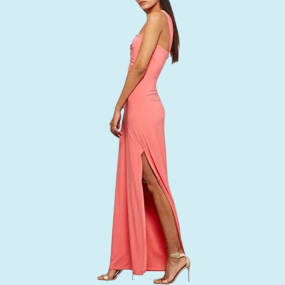 BCBGMAXAZRIA Dress Medium Coral One Shoulder Gathered Side Slit Column Gown NWT - Picture 2 of 15